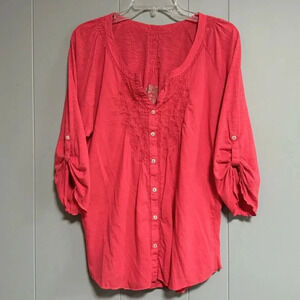 NINE WEST Vintage America Split V Button Front Embroidered Tab Sleeves Size XXL